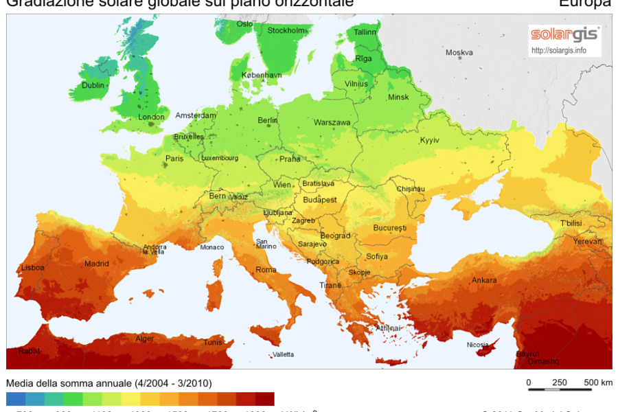Mappa Irraggiamento Solare in Europa